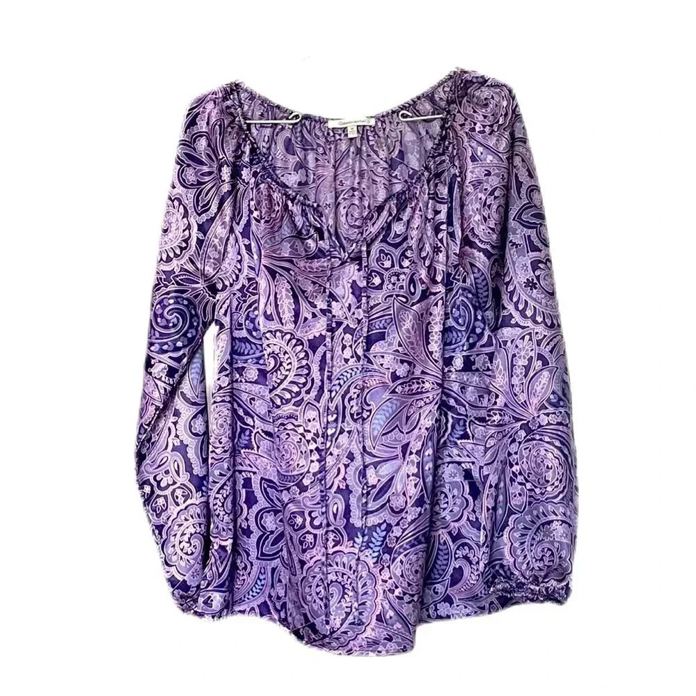 Quintessential Purple Satin Shiny Long Sleeve Patterned Blouse Women’s Medium